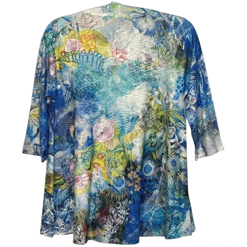 Inoah Tunic Top Women Green Blue Print Coastal Grandma Art to Wear Made in USA L - Picture 2 of 4